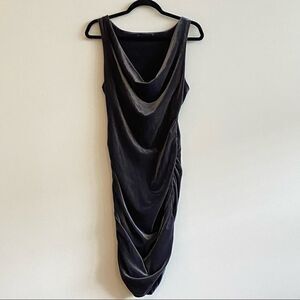 Faded Black Velvet Drape Neck BodyCon Cinched Side Midi Dress Size Medium